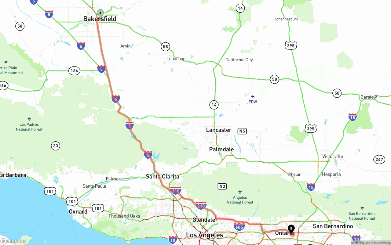 Shipping route from Bakersfield to Ontario International Airport