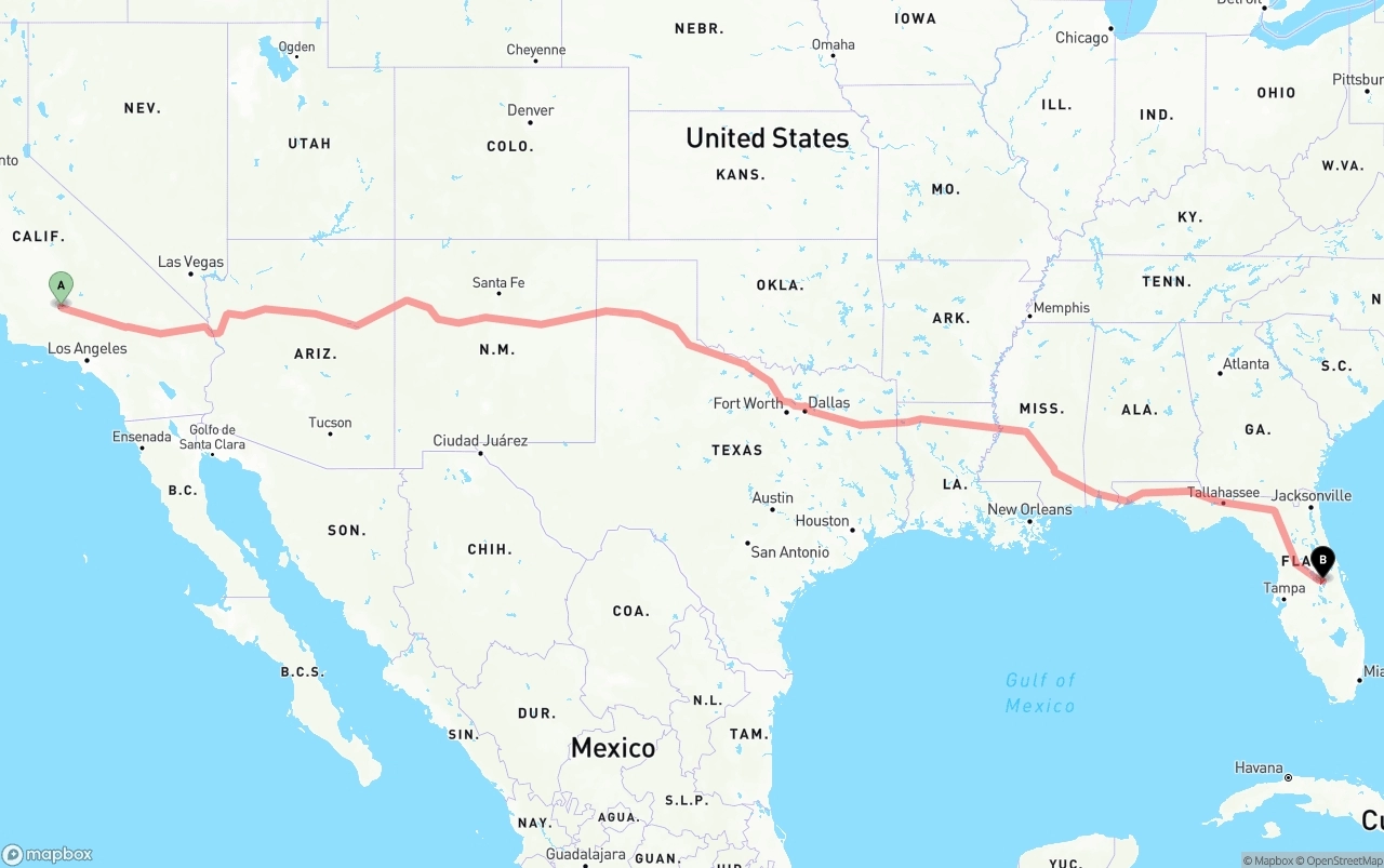 Shipping route from Bakersfield to Orlando International Airport