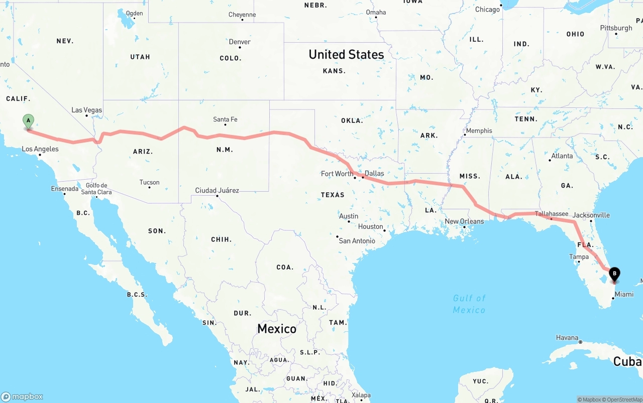 Shipping route from Bakersfield to Palm Beach International Airport