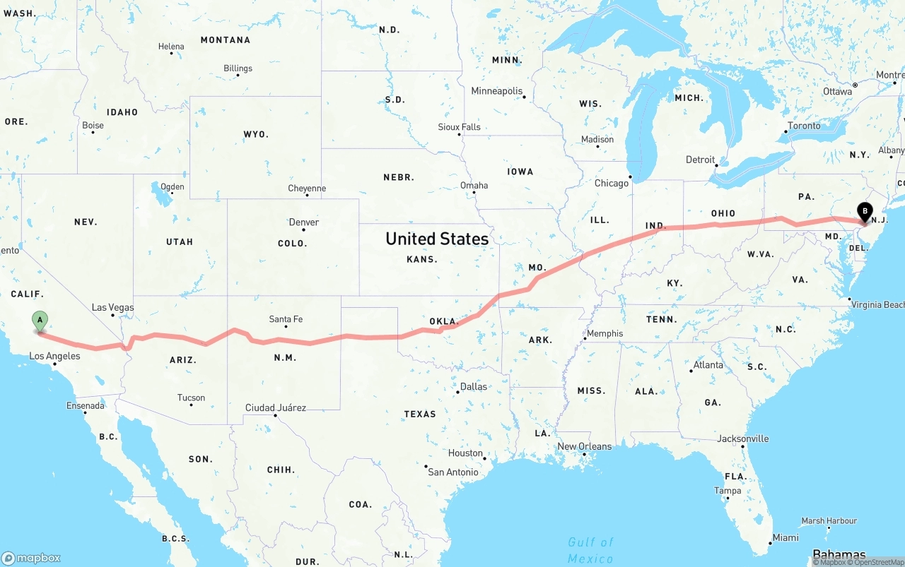 Shipping route from Bakersfield to Philadelphia