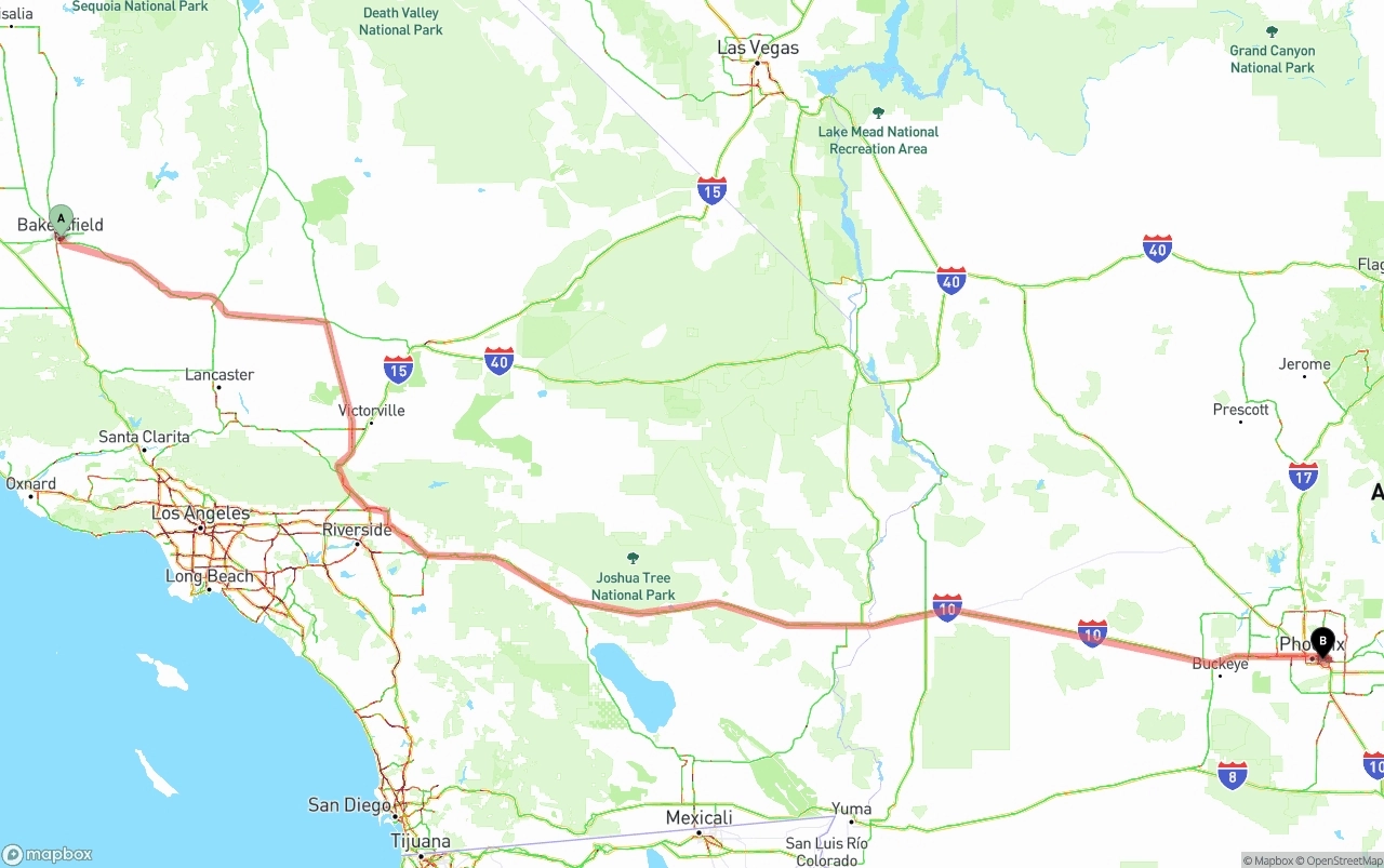 Shipping route from Bakersfield to Phoenix Sky Harbor International Airport