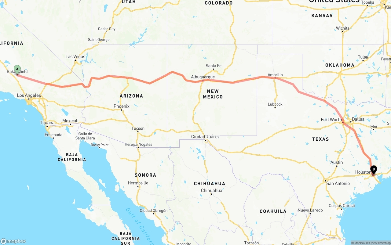 Shipping route from Bakersfield to Port of Houston