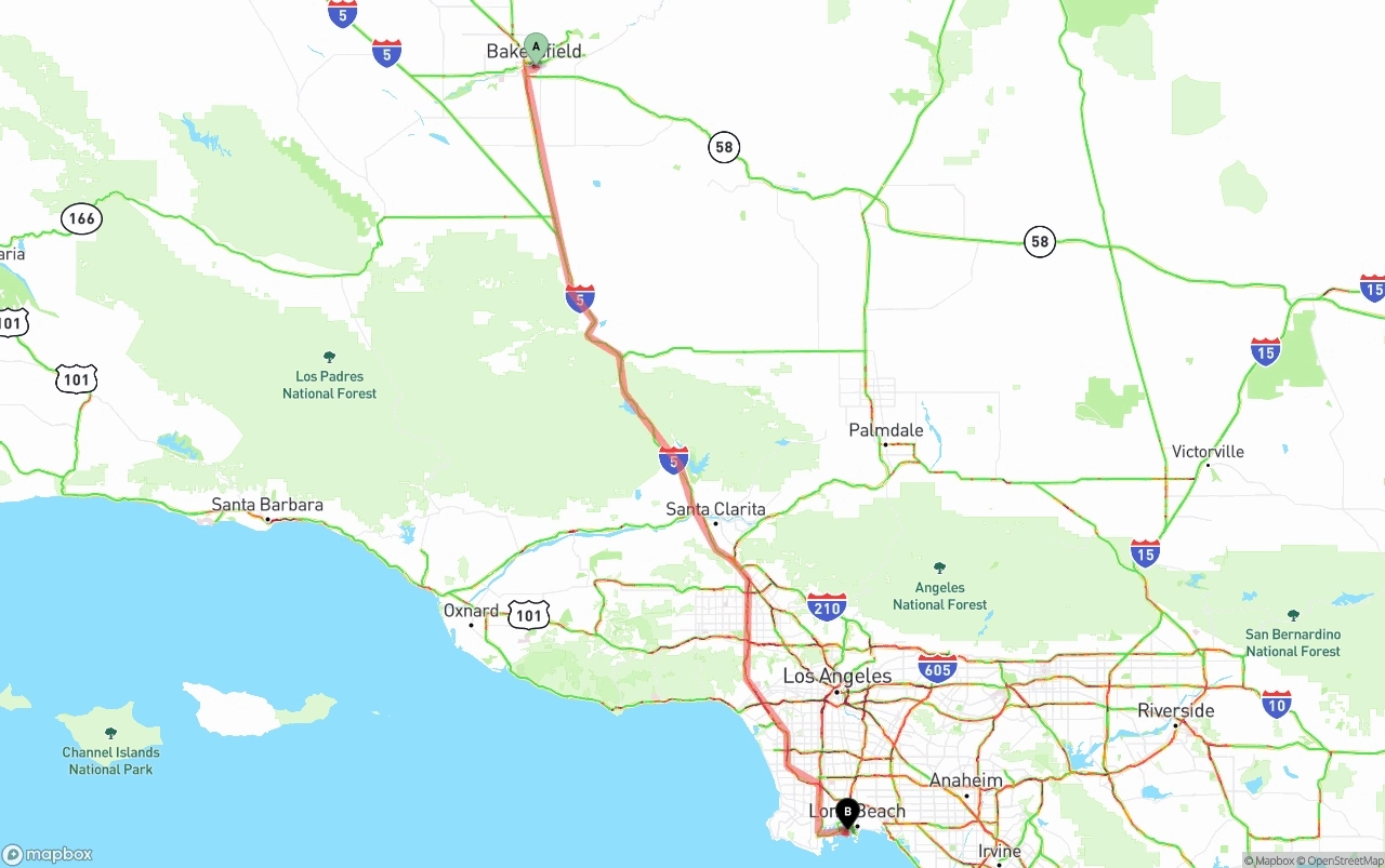Shipping route from Bakersfield to Port of Long Beach