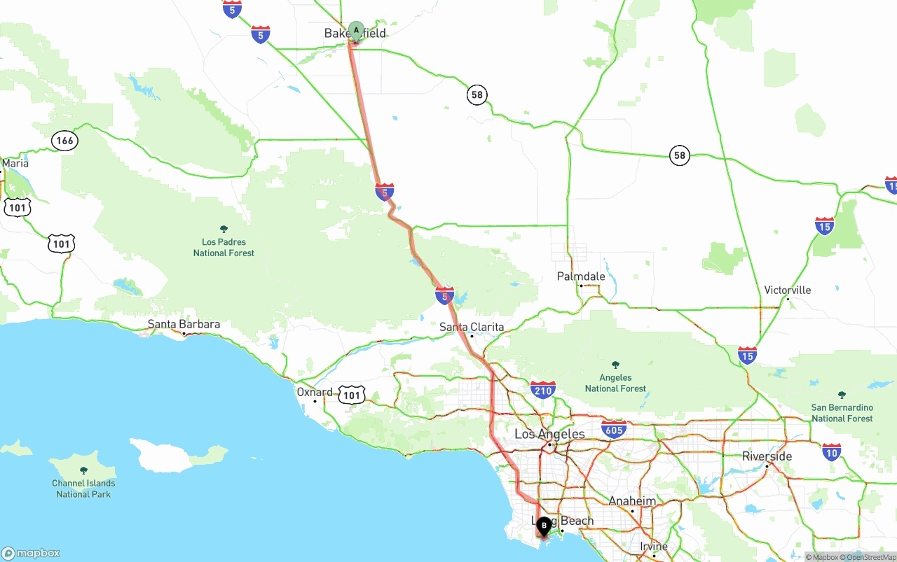 Shipping route from Bakersfield to Port of Los Angeles
