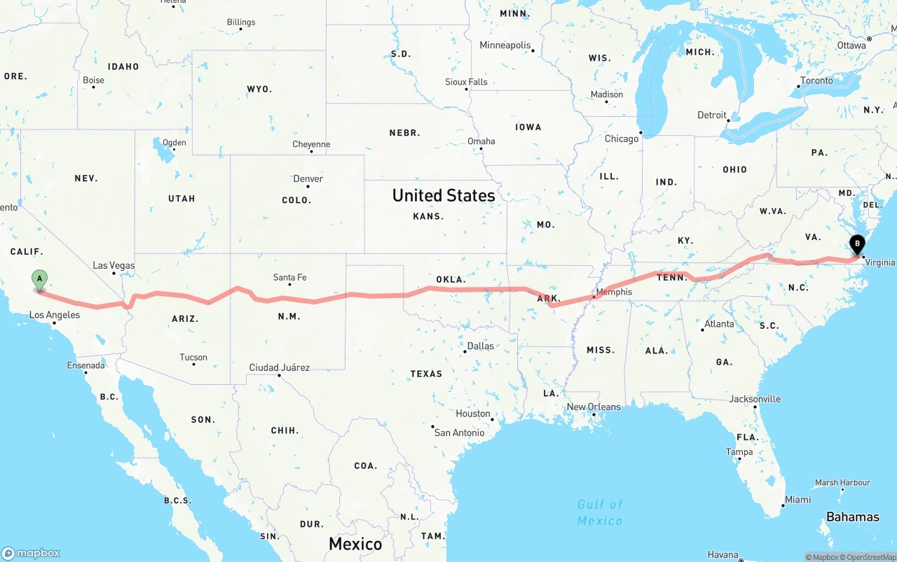 Shipping route from Bakersfield to Port of Norfolk