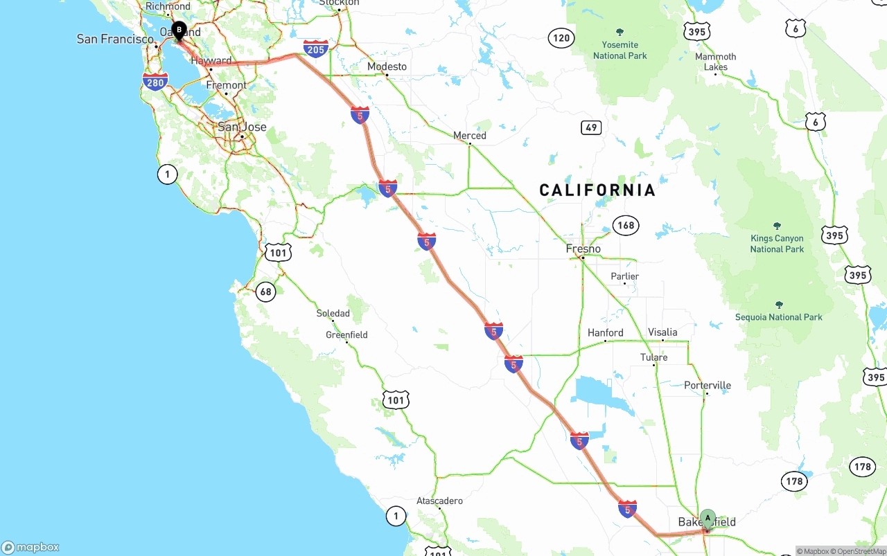 Shipping route from Bakersfield to Port of Oakland