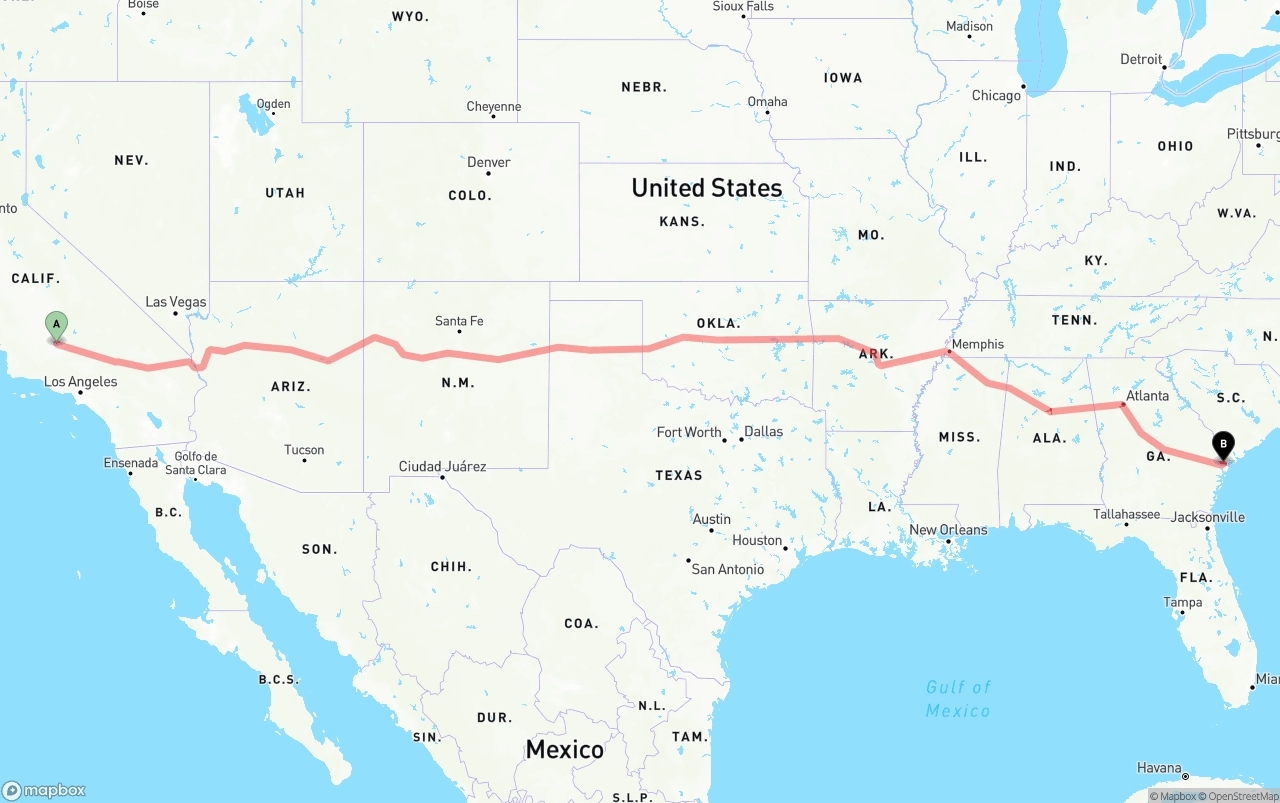 Shipping route from Bakersfield to Port of Savannah