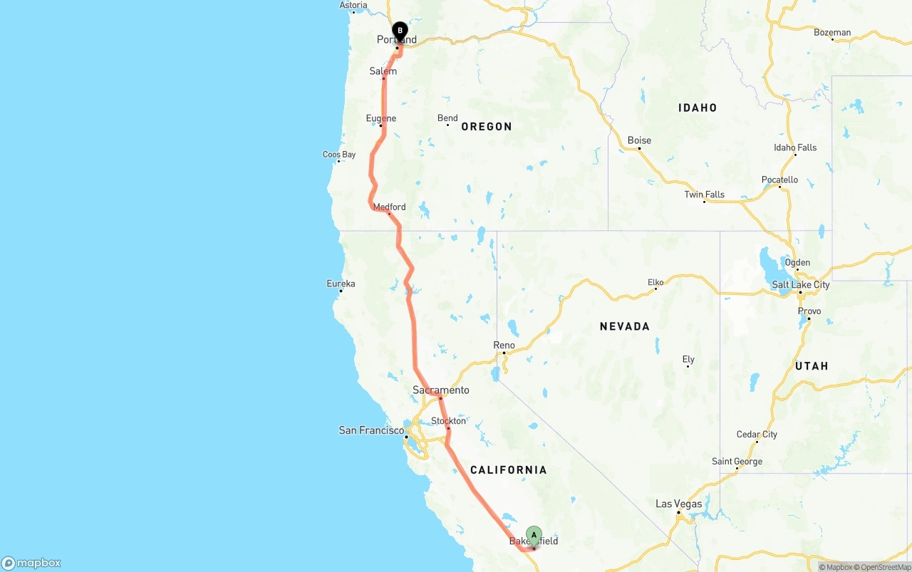 Shipping route from Bakersfield to Portland International Airport
