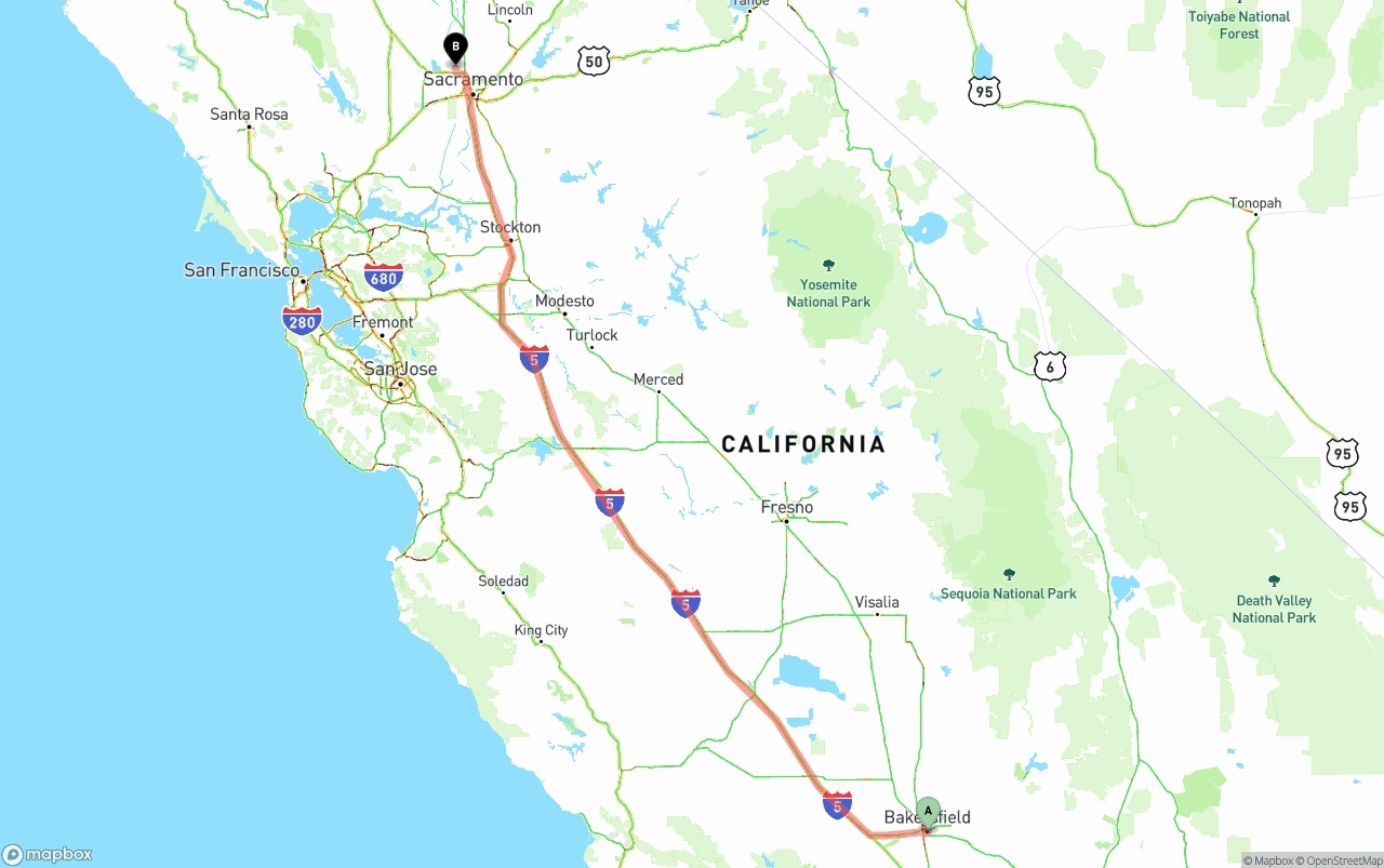 Shipping route from Bakersfield to Sacramento International Airport