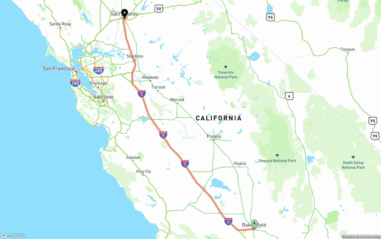 Shipping route from Bakersfield to Sacramento