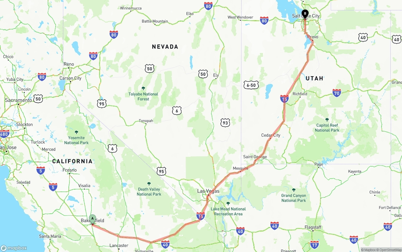 Shipping route from Bakersfield to Salt Lake City