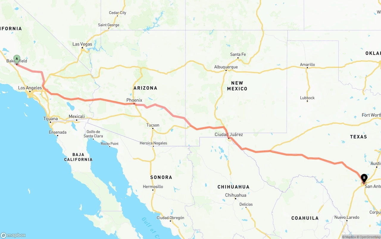 Shipping route from Bakersfield to San Antonio