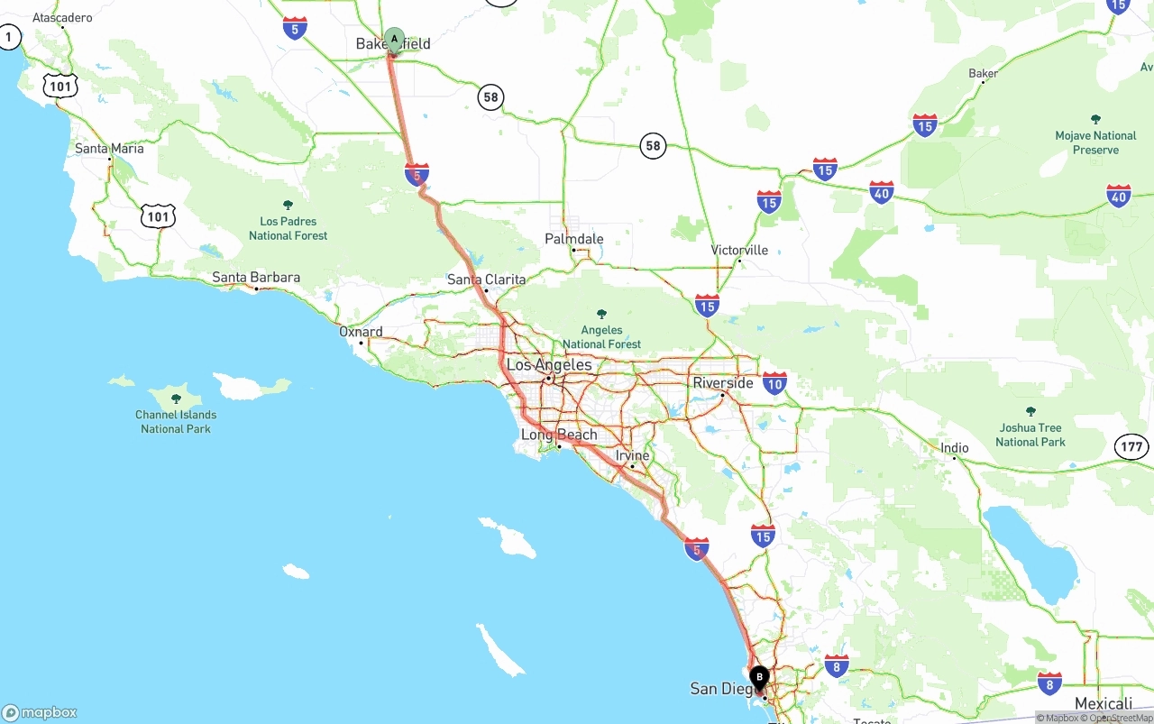 Shipping route from Bakersfield to San Diego International Airport