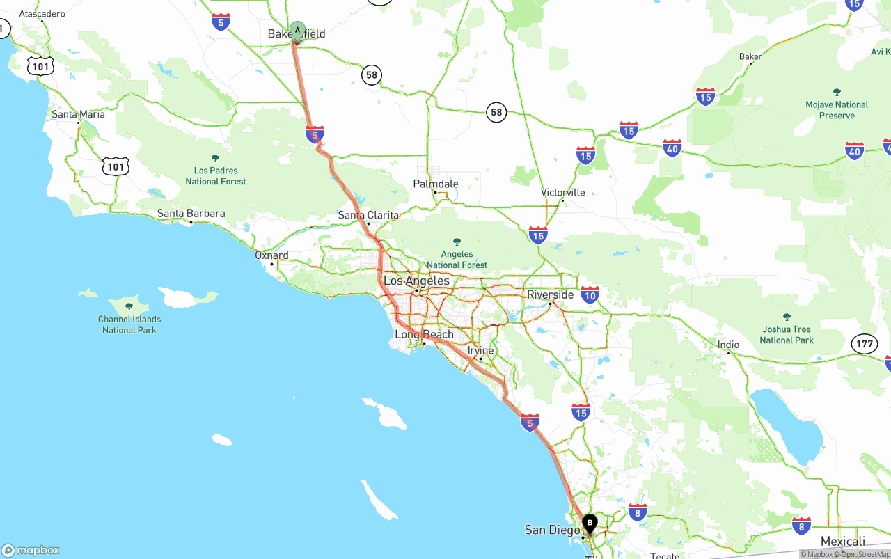 Shipping route from Bakersfield to San Diego