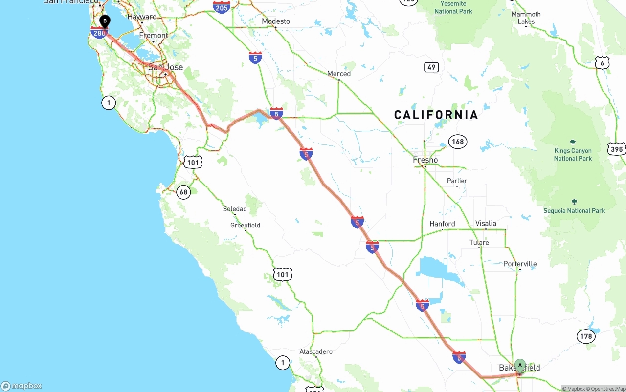 Shipping route from Bakersfield to San Francisco International Airport