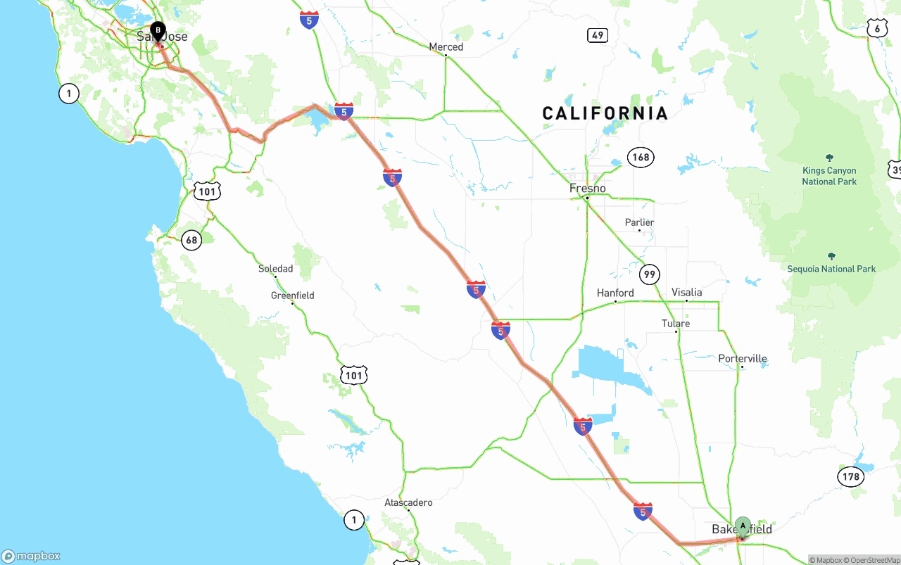 Shipping route from Bakersfield to San Jose