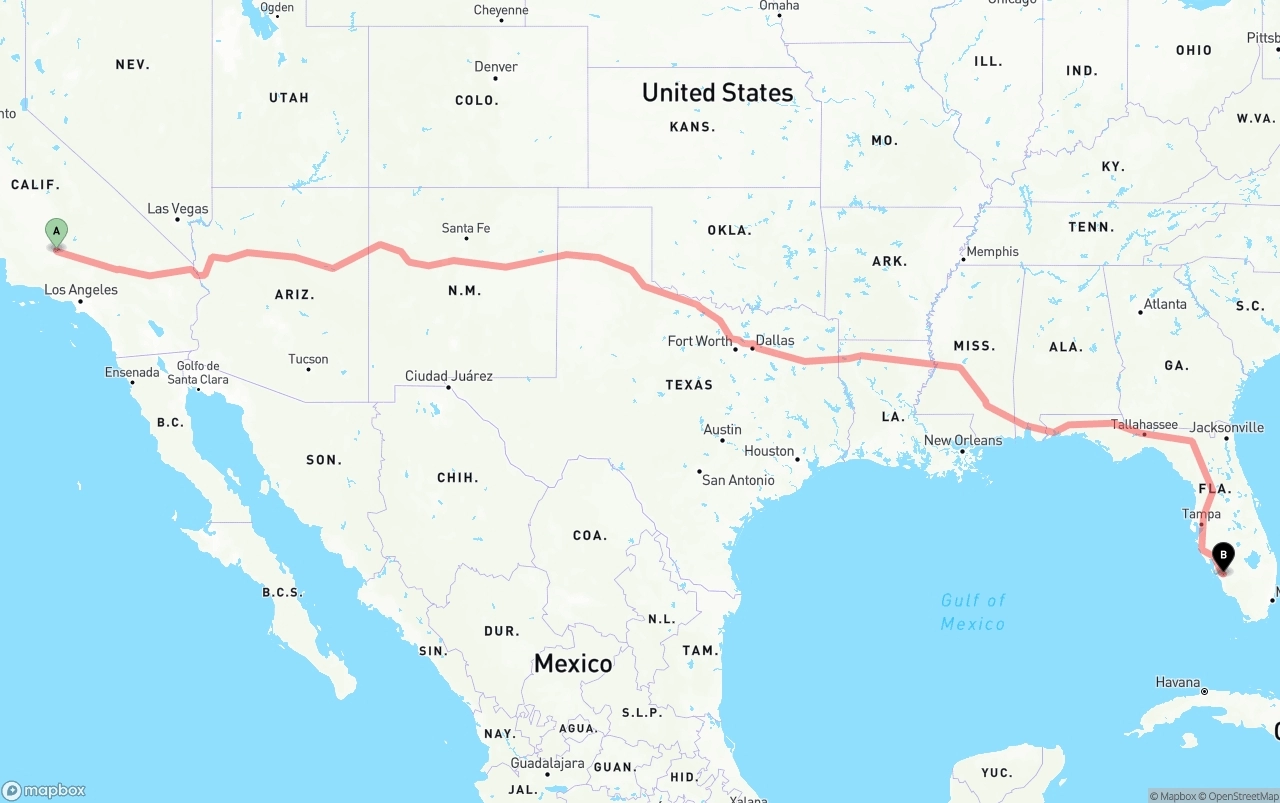 Shipping route from Bakersfield to Southwest Florida International Airport