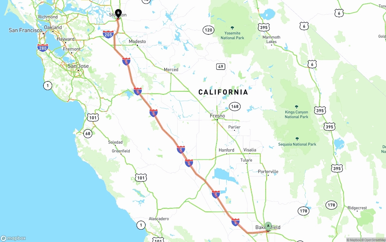 Shipping route from Bakersfield to Stockton