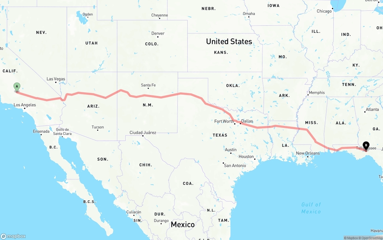 Shipping route from Bakersfield to Tallahassee