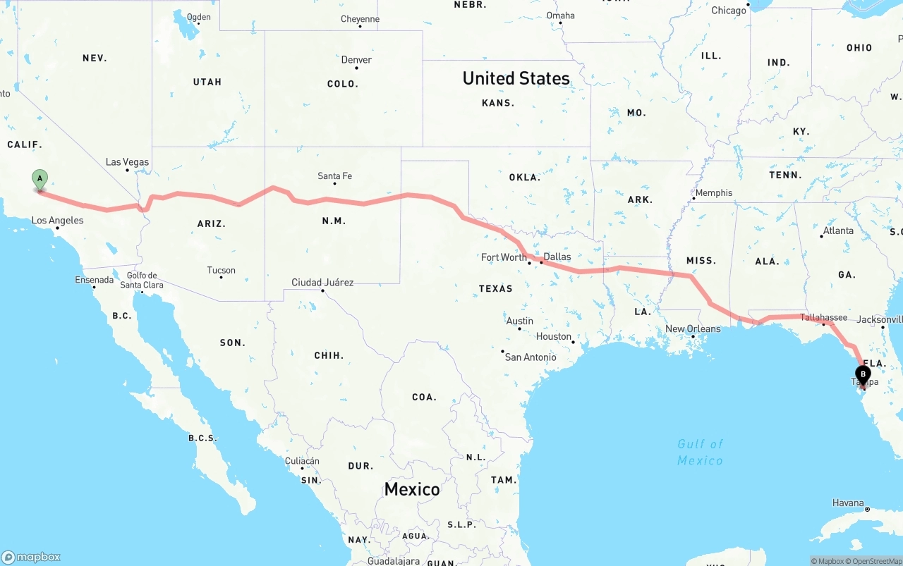 Shipping route from Bakersfield to Tampa International Airport