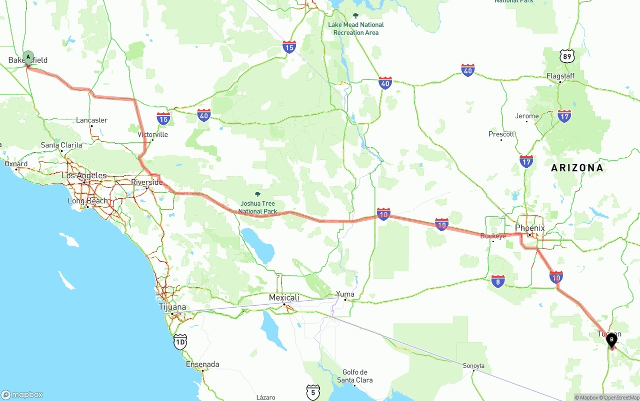 Shipping route from Bakersfield to Tucson International Airport