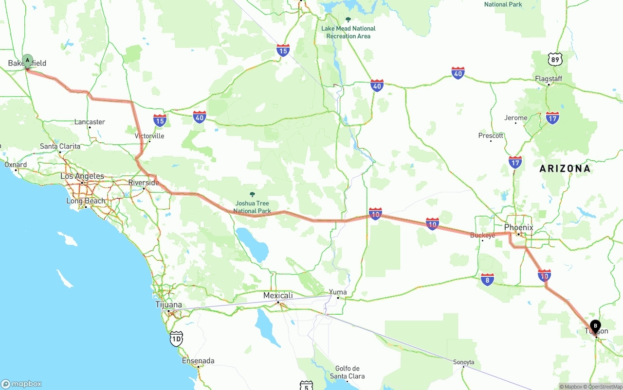 Shipping route from Bakersfield to Tucson