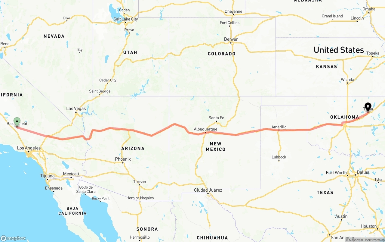 Shipping route from Bakersfield to Tulsa