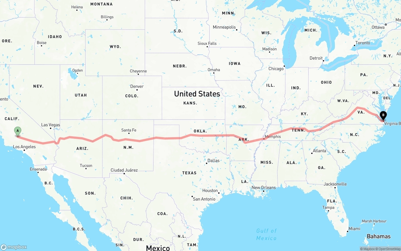 Shipping route from Bakersfield to Virginia Beach