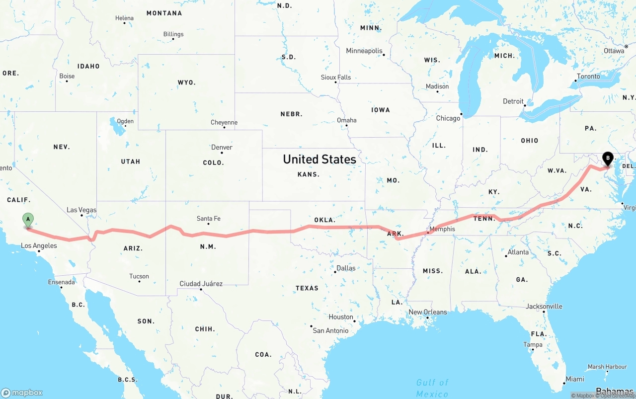 Shipping route from Bakersfield to Washington D.C.