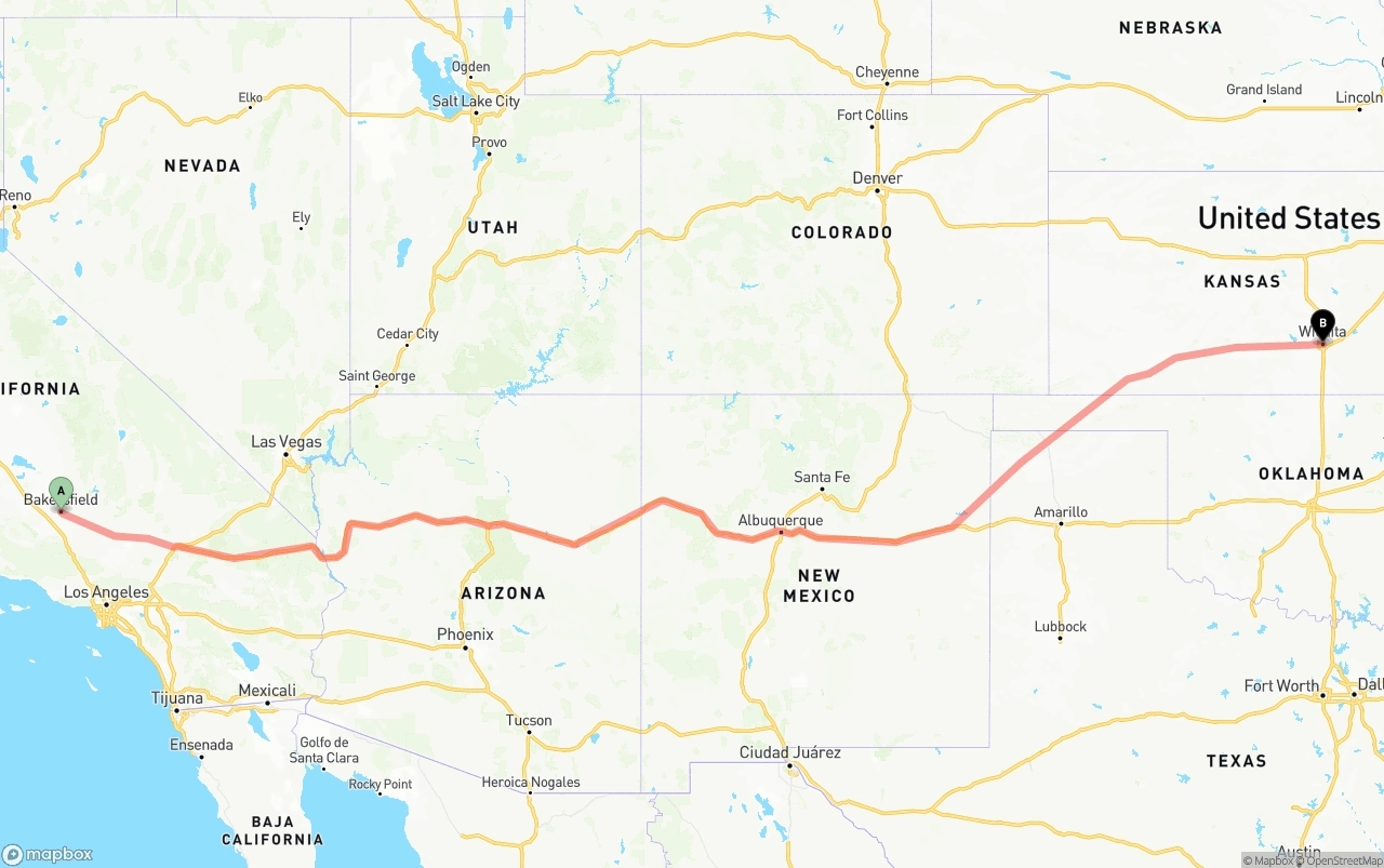 Shipping route from Bakersfield to Wichita