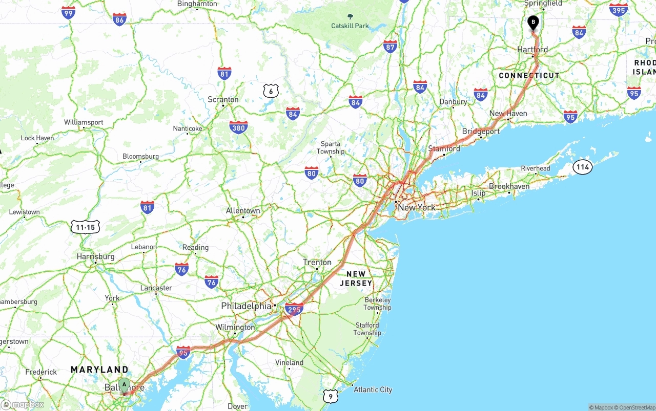 Shipping route from Baltimore to Bradley International Airport