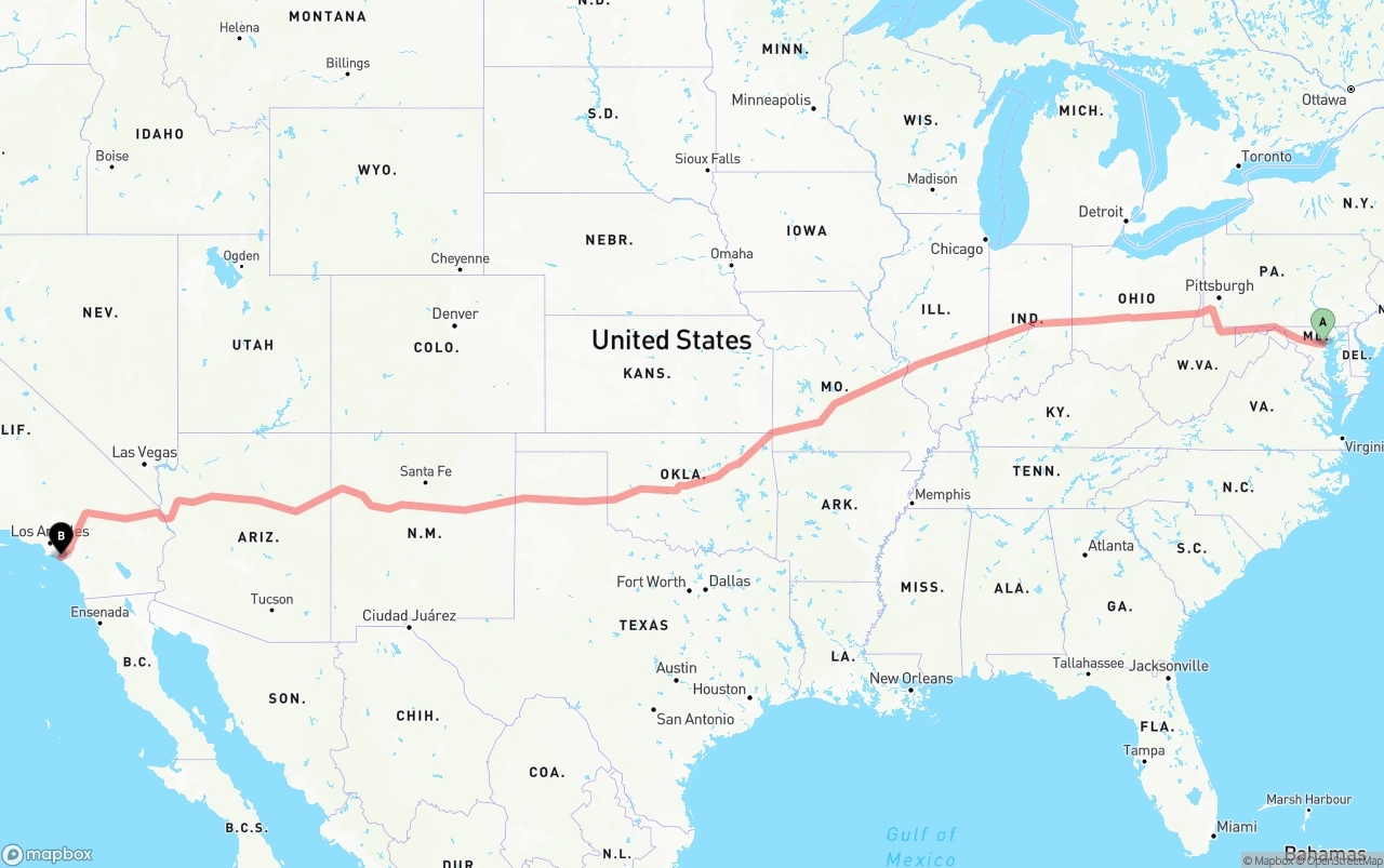 Shipping route from Baltimore to John Wayne Airport — Orange County