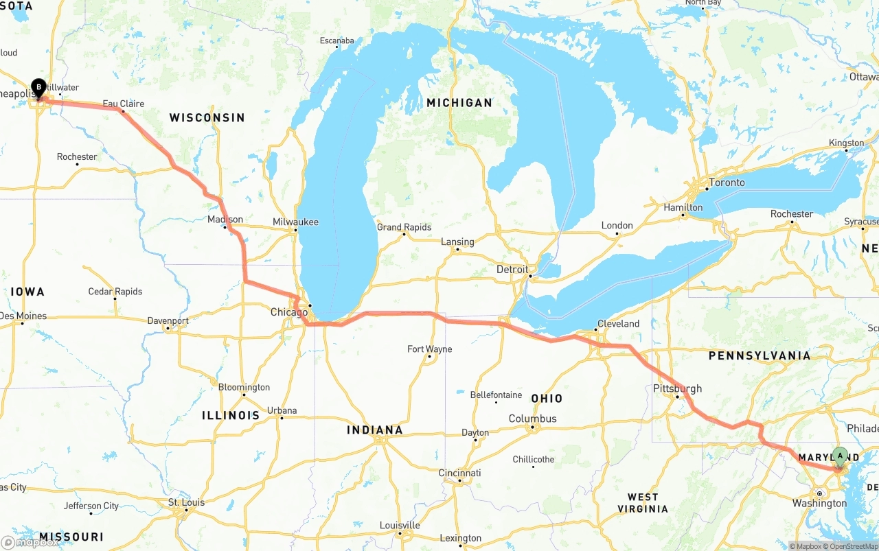 Shipping route from Baltimore to Minneapolis