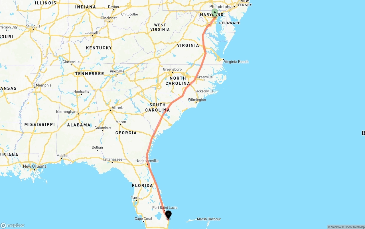 Shipping route from Baltimore to Palm Beach International Airport