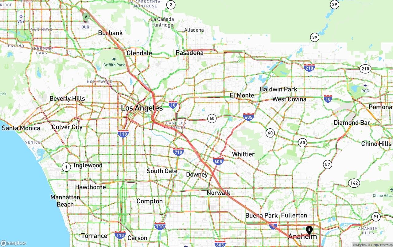 Shipping route from Bob Hope Airport to Anaheim