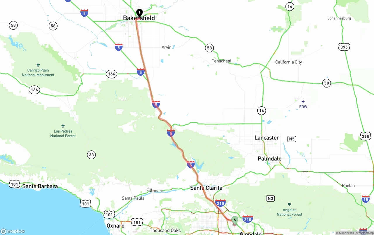 Shipping route from Bob Hope Airport to Bakersfield
