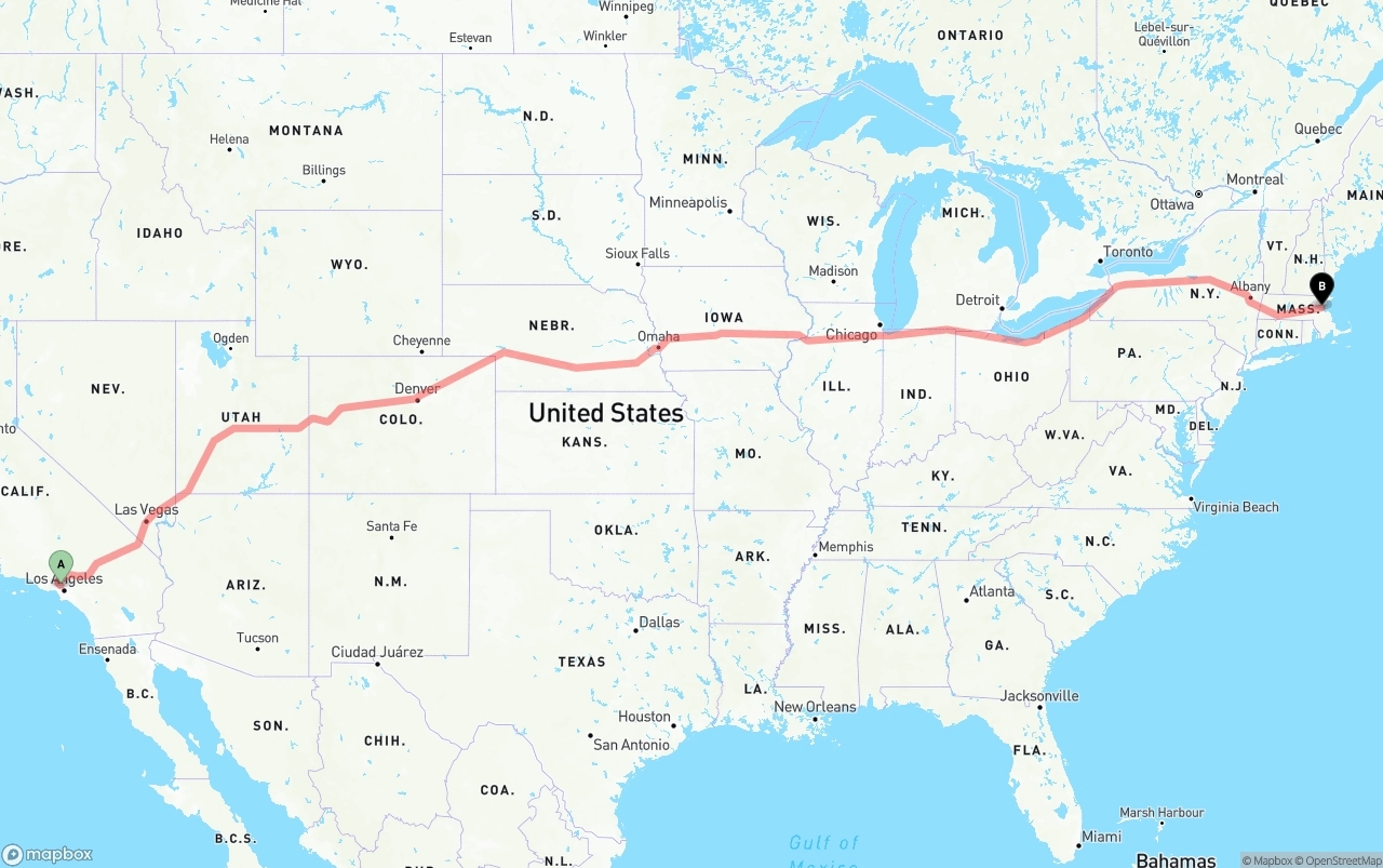 Shipping route from Bob Hope Airport to Boston