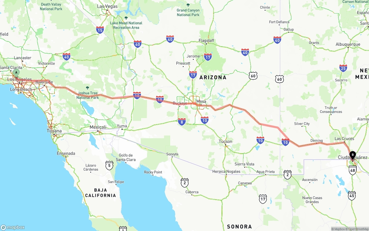 Shipping route from Bob Hope Airport to El Paso