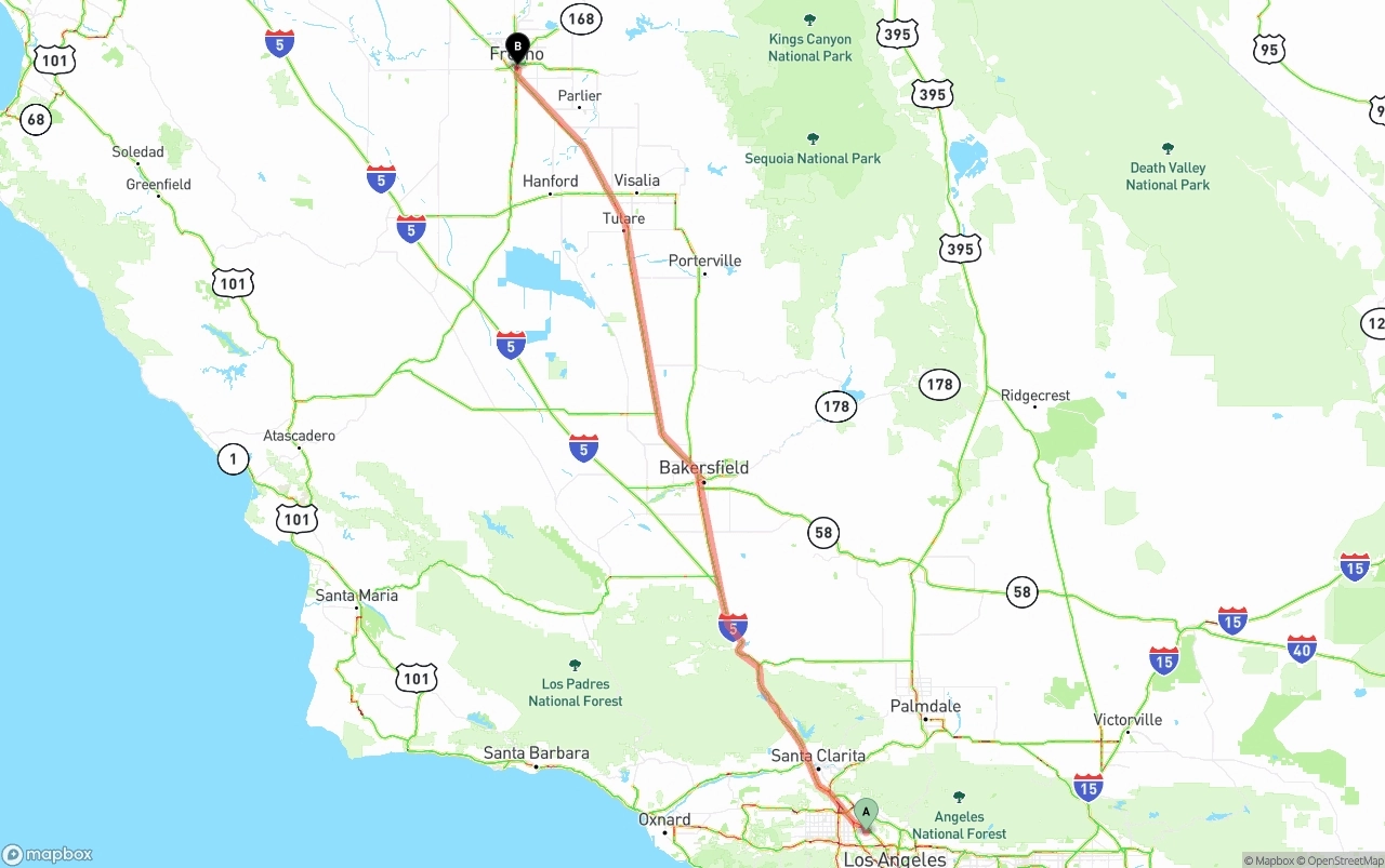 Shipping route from Bob Hope Airport to Fresno