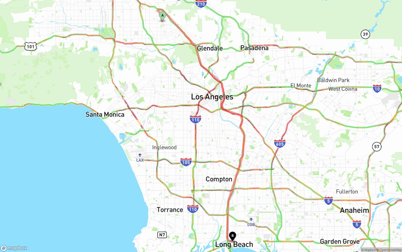 Shipping route from Bob Hope Airport to Long Beach