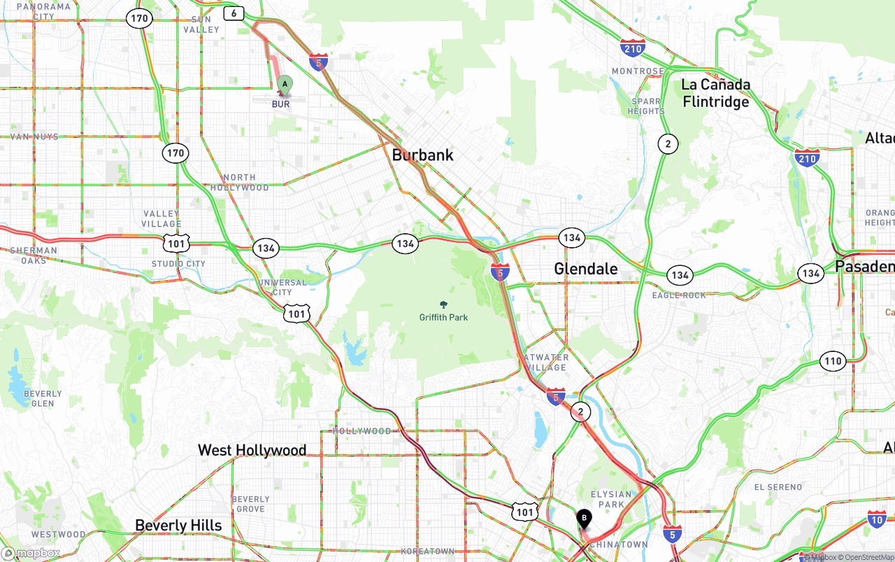 Shipping route from Bob Hope Airport to Los Angeles