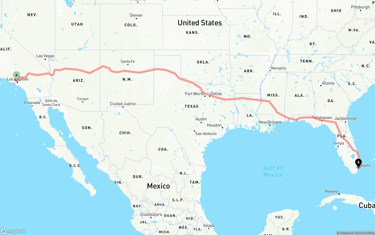 Shipping route from Bob Hope Airport to Miami