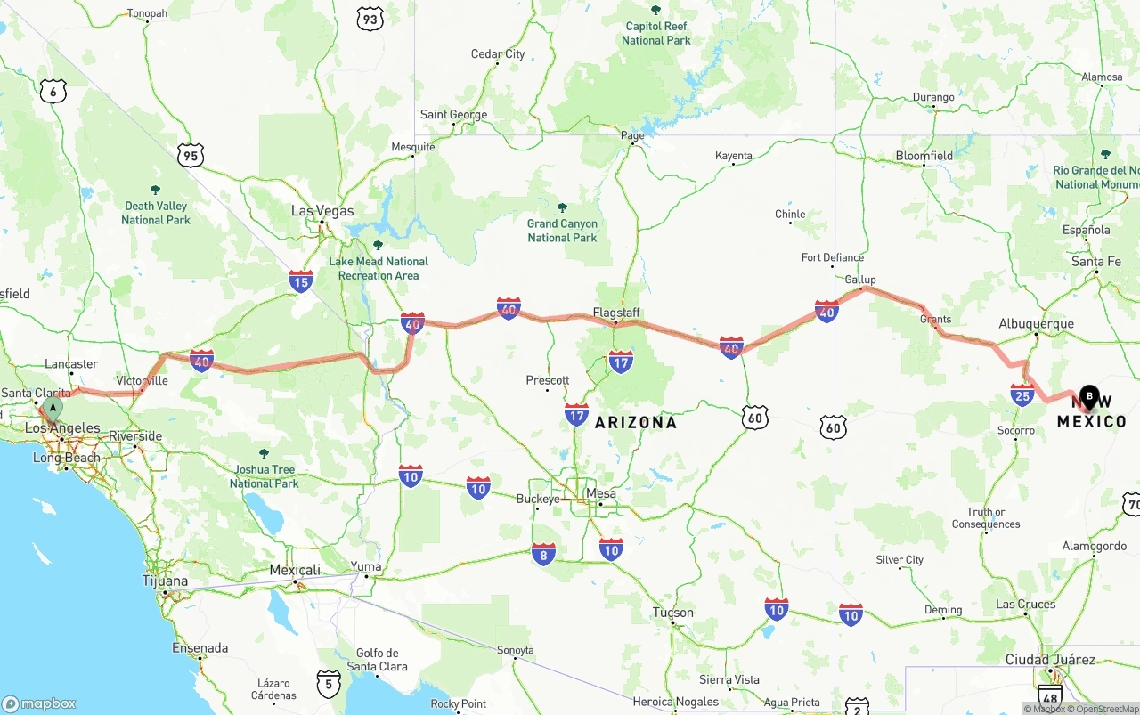 Shipping route from Bob Hope Airport to New Mexico