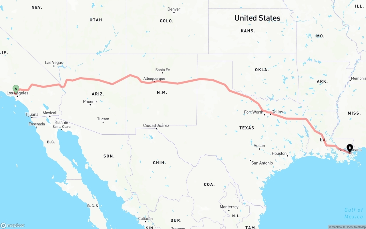 Shipping route from Bob Hope Airport to New Orleans
