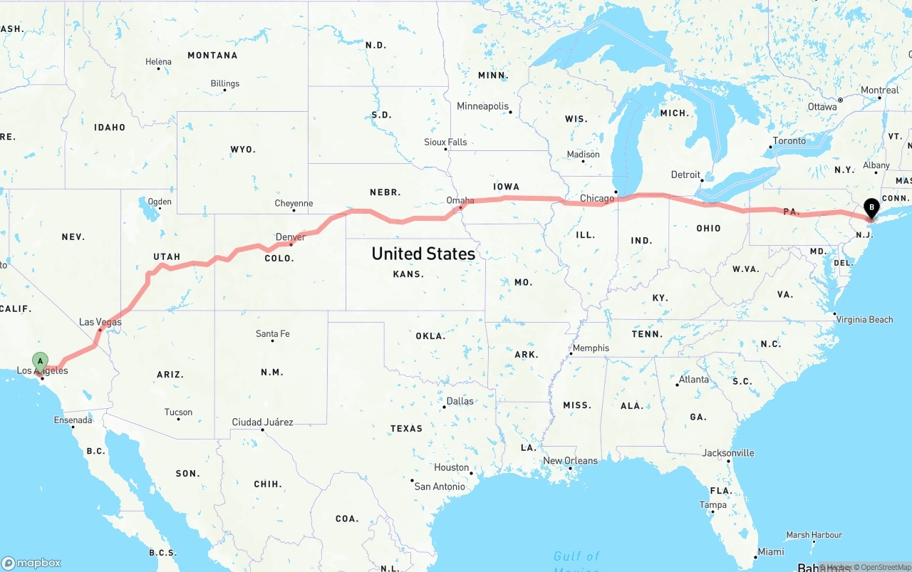 Shipping route from Bob Hope Airport to New York City