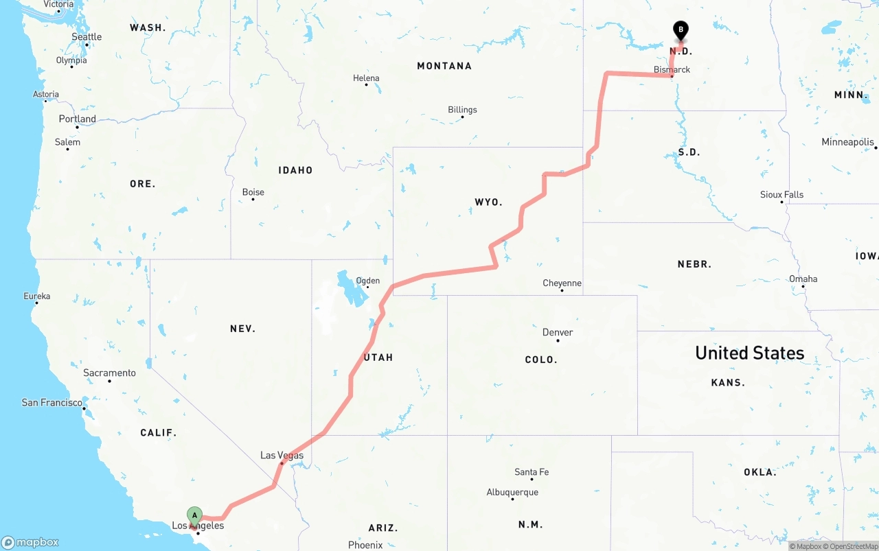 Shipping route from Bob Hope Airport to North Dakota