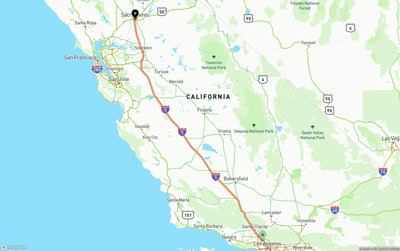 Shipping route from Bob Hope Airport to Sacramento