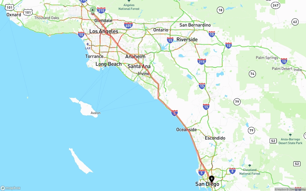 Shipping route from Bob Hope Airport to San Diego