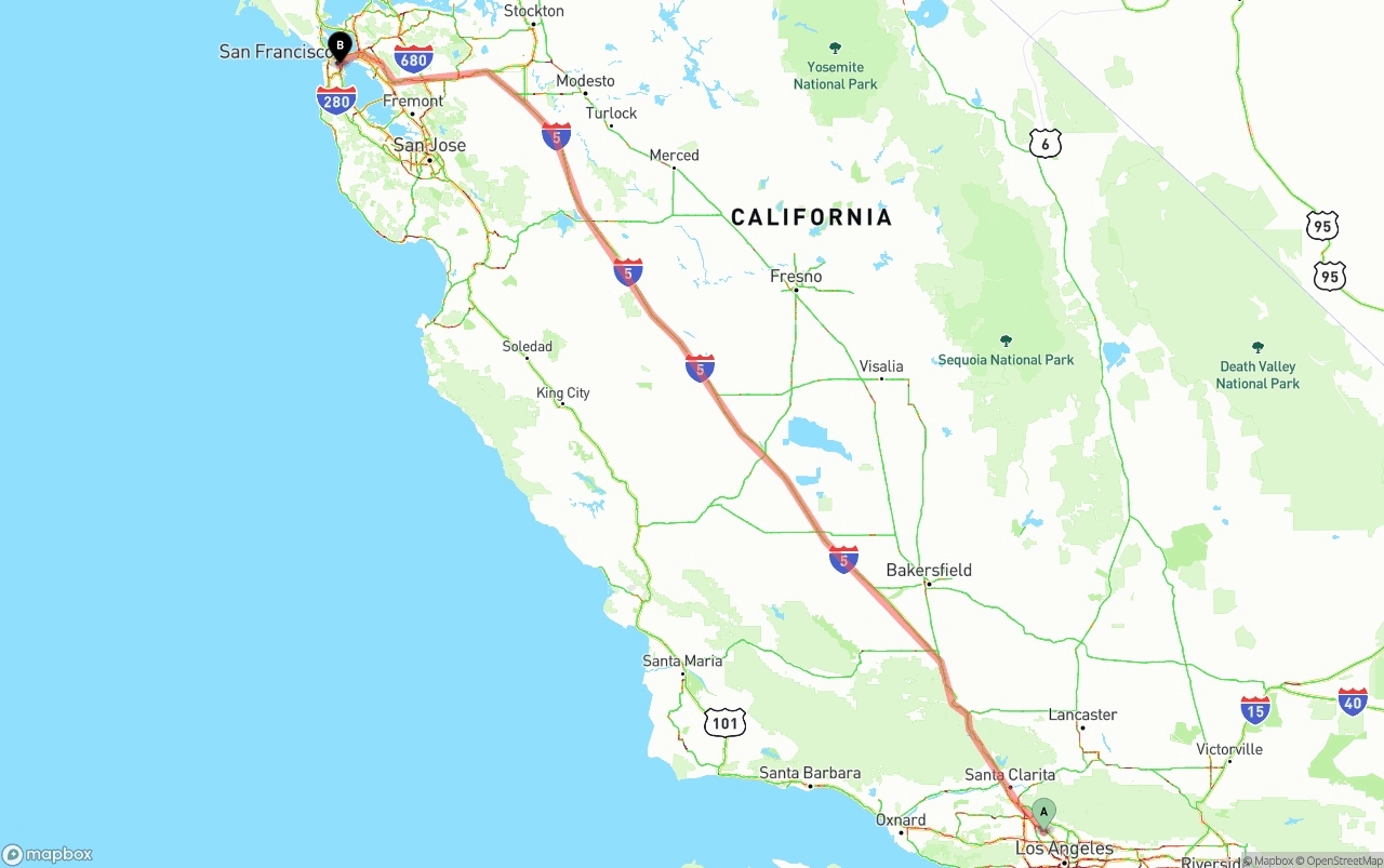 Shipping route from Bob Hope Airport to San Francisco