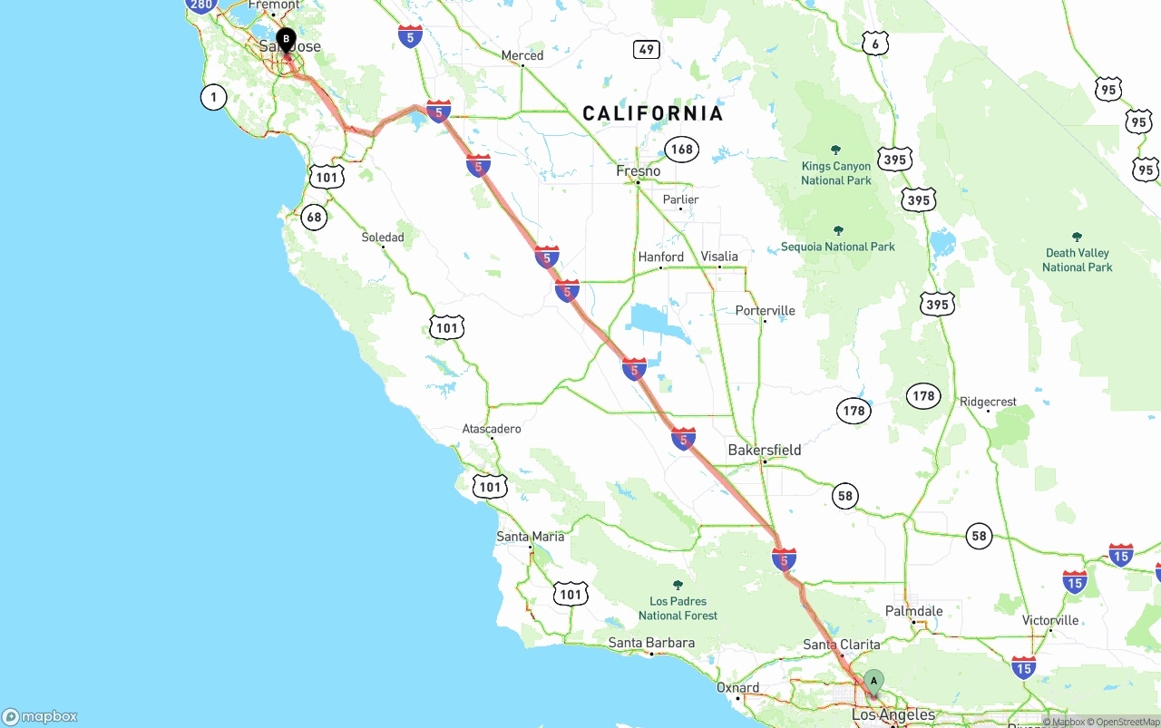Shipping route from Bob Hope Airport to San Jose